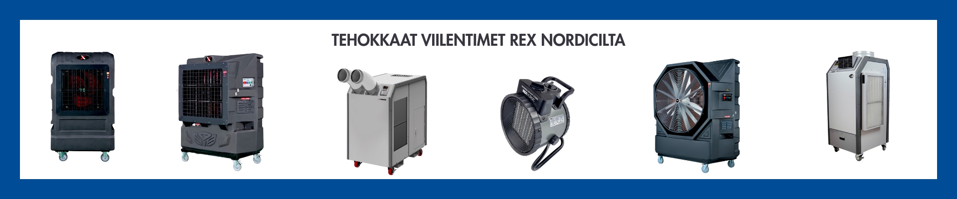 Seitsemän erilaista teollista viilennintä valkoisella taustalla, yläosassa teksti 'Tehokkaat viilentimet Red Nordicilta'.