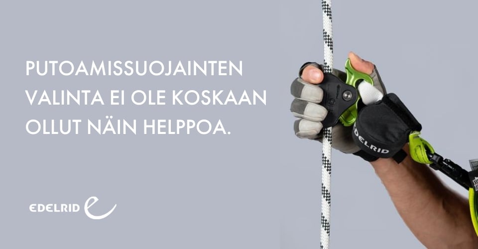Putoamissuojainta k&auml;ytt&auml;v&auml; k&auml;sineellinen k&auml;si tarttuu k&ouml;yteen vihre&auml;ll&auml; turvalaitteella; taustalla teksti &ldquo;Putoamissuojinten valinta ei ole koskaan ollut n&auml;in helppoa.&rdquo; ja Edelrid-logo.