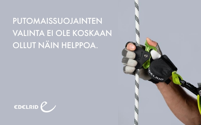 Putoamissuojainta k&auml;ytt&auml;v&auml; k&auml;sineellinen k&auml;si tarttuu k&ouml;yteen vihre&auml;ll&auml; turvalaitteella; taustalla teksti &ldquo;Putoamissuojinten valinta ei ole koskaan ollut n&auml;in helppoa.&rdquo; ja Edelrid-logo.