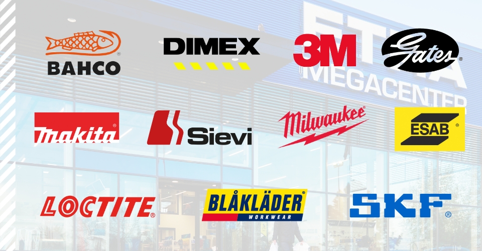Front view of the Etra Megacenter with logos of various well-known brands: Bahco, Dimex, 3M, Gates, Makita, Sievi, Milwaukee, ESAB, Loctite, Blåkläder, and SKF.
