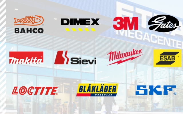 Front view of the Etra Megacenter with logos of various well-known brands: Bahco, Dimex, 3M, Gates, Makita, Sievi, Milwaukee, ESAB, Loctite, Blåkläder, and SKF.