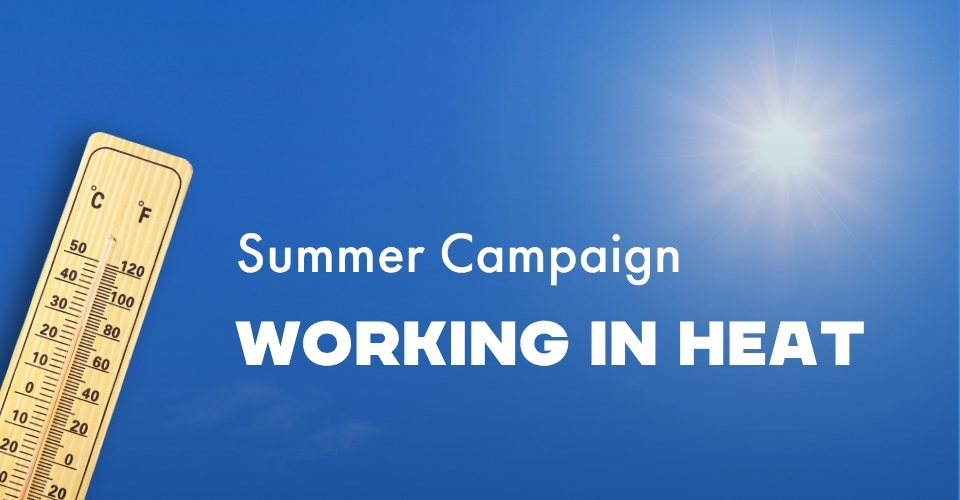A summer-themed banner with a blue background, a wooden thermometer on the left, and a bright sun in the upper right corner. Text: &ldquo;Summer campaign &ndash; for working in hot conditions.
