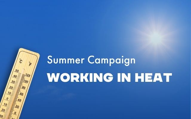 A summer-themed banner with a blue background, a wooden thermometer on the left, and a bright sun in the upper right corner. Text: &ldquo;Summer campaign &ndash; for working in hot conditions.
