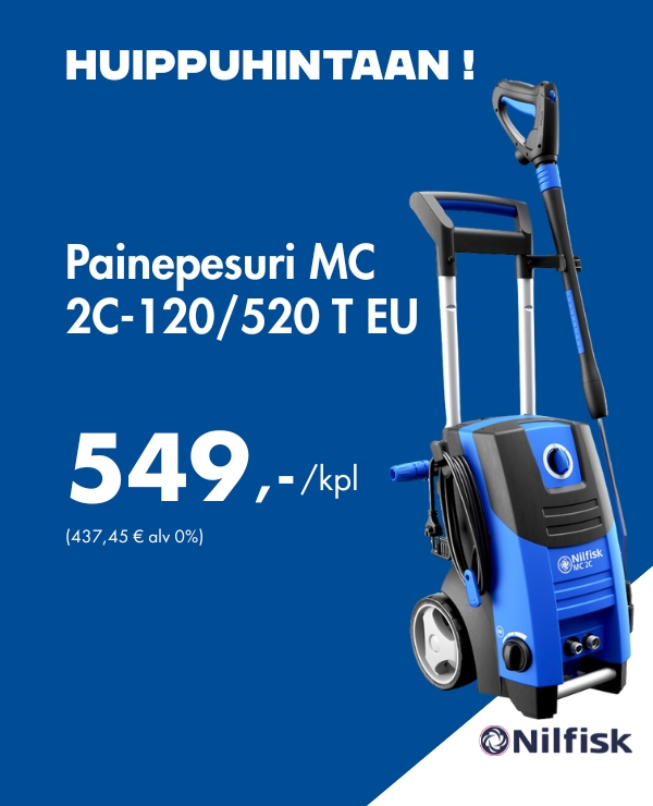 Mainos, jossa sinisävyisellä taustalla esitellään Nilfiskin painepesuri MC 2C-120/520 T EU. Laitteen hinta on 549 € /kpl (437,45 € alv 0 %). Kuvassa näkyy itse painepesuri, jossa on pyörät, kahva ja pesuvarsi. 