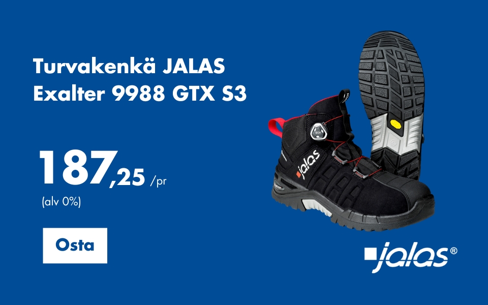 Mainos Turvakenkä JALAS Exalter 9988 GTX S3 -turvakengästä. Musta nilkkamallinen turvakenkä, jossa punaisia yksityiskohtia ja vahva pohja. Hinta 187,25 € / pari (alv 0 %). Osta-painike ja Jalas-logo.