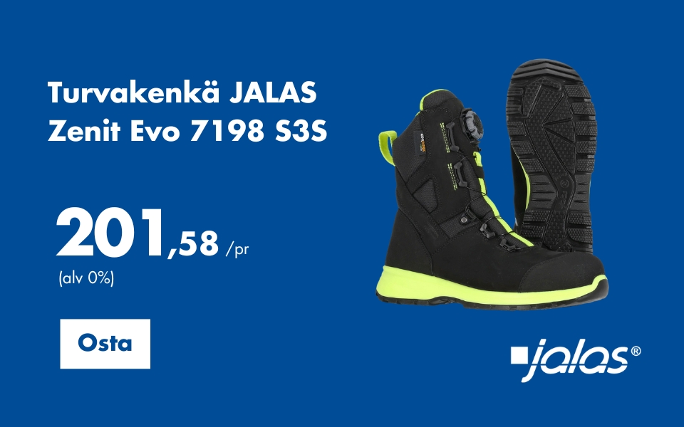 Mainos Turvakenkä JALAS Zenit Evo 7198 S3S -turvakengästä. Musta korkeavartinen turvakenkä, jossa neonkeltaisia yksityiskohtia ja pohja. Hinta 201,58 € / pari (alv 0 %). Osta-painike ja Jalas-logo.