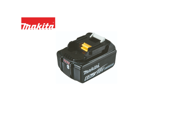 Musta Makita BL1860B LXT 18V 6.0Ah -akku, jossa on varaustilan n&auml;ytt&ouml; ja keltaiset liittimet.