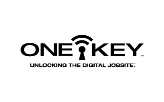 One-Key-logo, jossa E-kirjain on muotoiltu avaimenreiäksi ja sen yläpuolella näkyy langattoman yhteyden symboli. Tekstin alla lukee isoin kirjaimin: "Unlocking the digital jobsite."