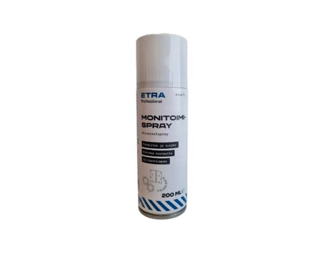 ETRA Professional -sarjan monitoimispray 200 ml aerosolipurkissa. Etiketissä maininnat: "Puhdistaa ja suojaa", "Poistaa kosteutta" ja "Silikonivapaa".