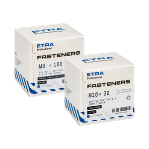Kaksi ETRA Professional Fasteners -ruuvipakkausta, koot M8 x 100 ja M10 x 30.