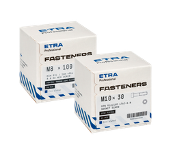 Kaksi ETRA Professional Fasteners -ruuvipakkausta, koot M8 x 100 ja M10 x 30.