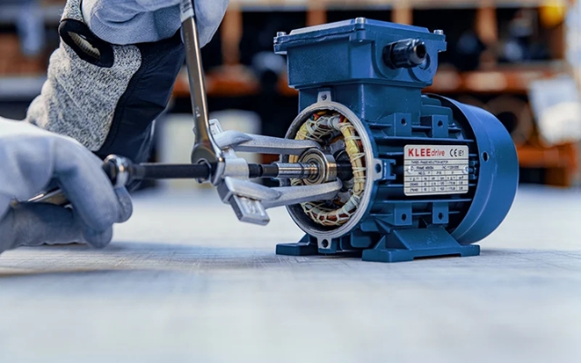 Worker using a puller tool to remove a part from an electric motor, close-up showing motor housing and tools.