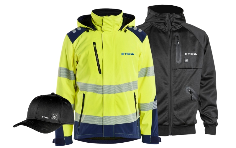 Yritysvaatteet ETRA-logolla – huomiotakki, softshell-takki ja lippis brändättyinä työasuihin.