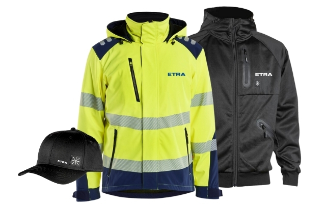 Yritysvaatteet ETRA-logolla – huomiotakki, softshell-takki ja lippis brändättyinä työasuihin.