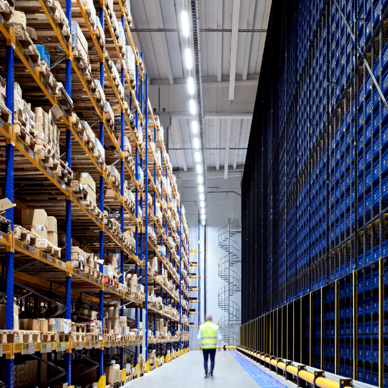 Logistiikkakeskuksen korkea varastohalli, jossa työntekijä heijastinliivissä kävelee suuren kuormalavahyllystön ja automaattivaraston välissä.