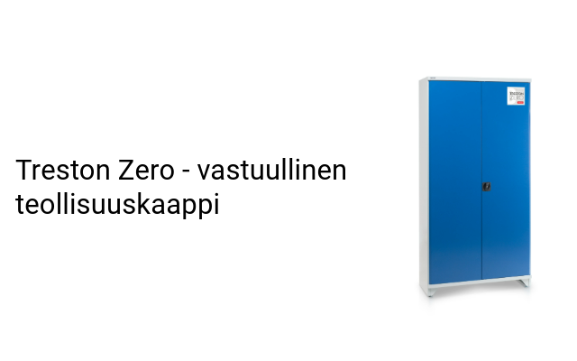 Treston Zero -kaappi: sinisellä ovella varustettu vastuullinen teollisuuskaappi, valmistettu kierrätetystä SSAB Zero™ -teräksestä. Kuvassa kaappi valkoisella taustalla ja vasemmalla teksti "Treston Zero – vastuullinen teollisuuskaappi".