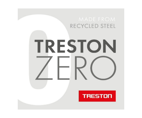 Treston Zero -logo, jossa lukee "Treston Zero – Made from Recycled Steel" harmaalla taustalla. Alareunassa punainen Treston-logo.