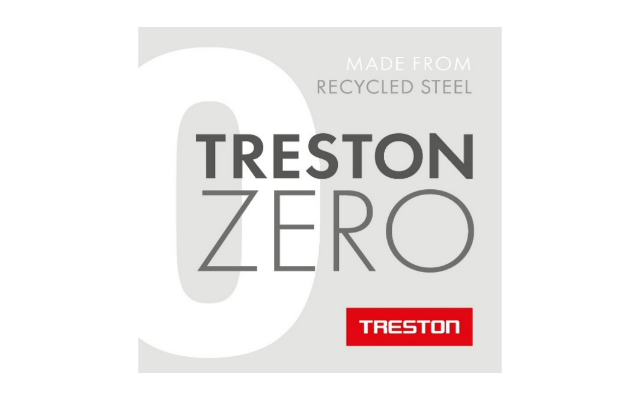 Treston Zero -logo, jossa lukee "Treston Zero – Made from Recycled Steel" harmaalla taustalla. Alareunassa punainen Treston-logo.