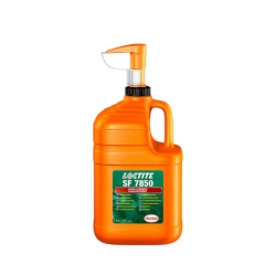 Loctite SF 7850 -käsienpuhdistusaineen 3 litran pumppupullo valkoisella taustalla. Kirkkaan oranssi säiliö, jossa vihreä etiketti ja Henkel-logo.