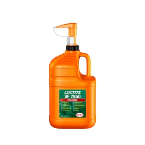 Loctite SF 7850 -käsienpuhdistusaineen 3 litran pumppupullo valkoisella taustalla. Kirkkaan oranssi säiliö, jossa vihreä etiketti ja Henkel-logo.