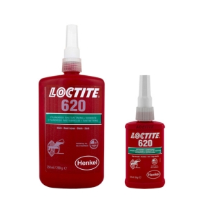 Kaksi Loctite 620 -kiinnitysliimapulloa valkoisella taustalla. Vasemmalla suurempi 250 ml / 290 g pullo ja oikealla pienempi 50 ml / 58 g pullo. Molemmissa on punainen runko, valkoinen korkki ja Henkel-logo etiketissä.