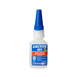 Loctite 401pikaliima pullo valkoisella taustalla. Pullo on valkoinen sinisellä korkilla. Keltaisella taustalla lukee teksti "new" eli uutuus. 