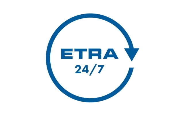 Etra 24/7 logo inside a blue circular arrow, symbolizing around-the-clock service availability.
