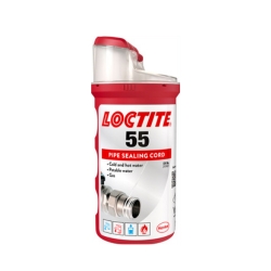 Loctite 55 -putkitiivistenaru punavalkoisessa pakkauksessa valkoisella taustalla. Etiketissä lukee "Pipe Sealing Cord" ja kuvassa näkyy metallikierreliitos. Soveltuu kuumalle ja kylmälle vedelle, juomavedelle ja kaasulle.
