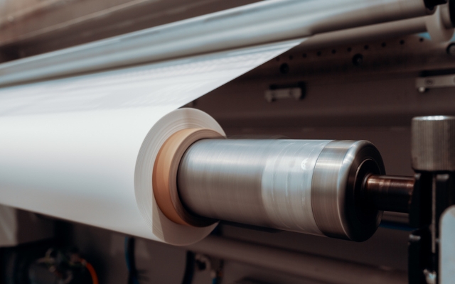 Plastfilm på en rulle i en produktionsmaskin. Filmen lindas runt en metallrulle på plastproduktionslinjen.