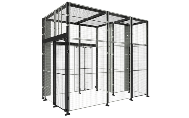Metal safety cage with walls and roof made of mesh panels, designed for industrial protection or storage solutions.