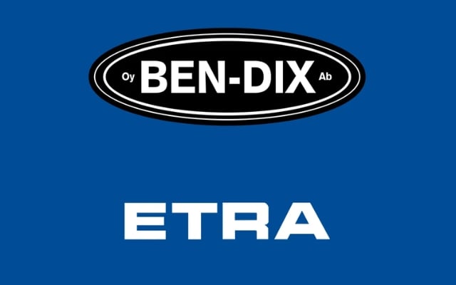 Ben-Dix Oy Ab -logo mustalla ovaalilla ja valkoinen Etra-logo sinisellä taustalla.
