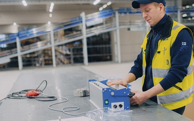 Etra employee operating a small industrial device in a warehouse environment, with conveyor shelving in the background.