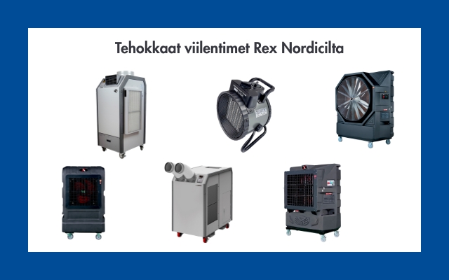 Seitsemän erilaista teollista viilennintä valkoisella taustalla, yläosassa teksti 'Tehokkaat viilentimet Red Nordicilta'.