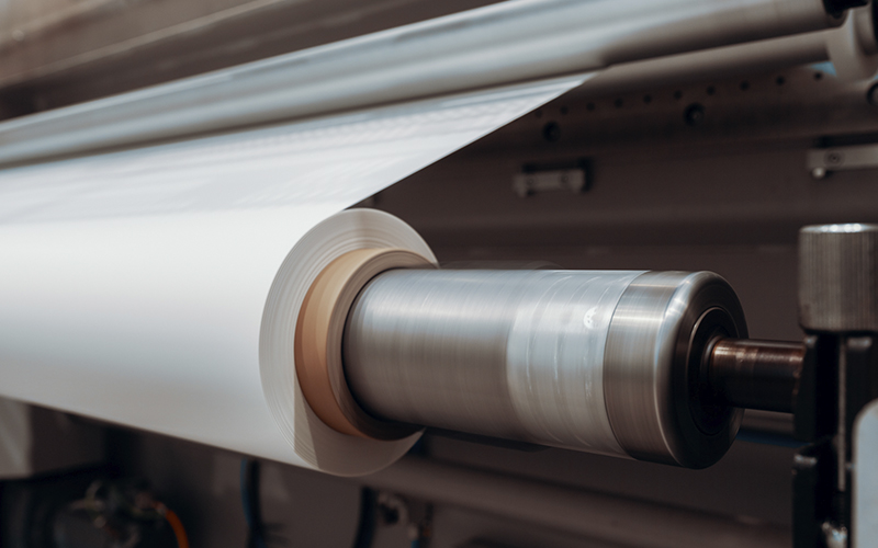 Plastfilm på en rulle i en produktionsmaskin. Filmen lindas runt en metallrulle på plastproduktionslinjen.