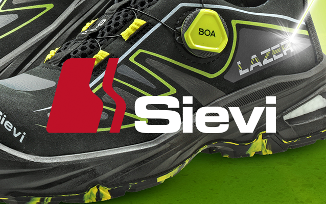 Sievi-merkkiset turvajalkineet, joissa näkyvät BOA®-kiristysmekanismi ja iskunvaimennuspohja, taustalla teksti 'Tehty Suomessa – Made in Finland'.